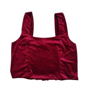Maison DAmélie Paris Red Velvet Smocked Back Crop Top With Wide Straps, Size L.